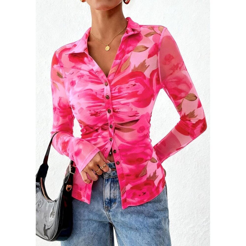 Women Floral Pink Button Down Floral Shirt Trendy Long Sleeve V Neck Blouse Tops - Picture 6 of 6